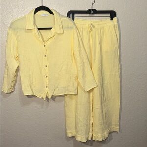 Fashion Nova Yellow Gauze 2-Piece Set – Button-Down Shirt & Pants Size L